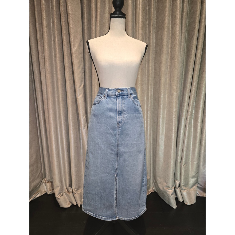 Uniqlo Jeans Womens Light Wash Denim Midi Skirt High Waist Front Slit Size 27
